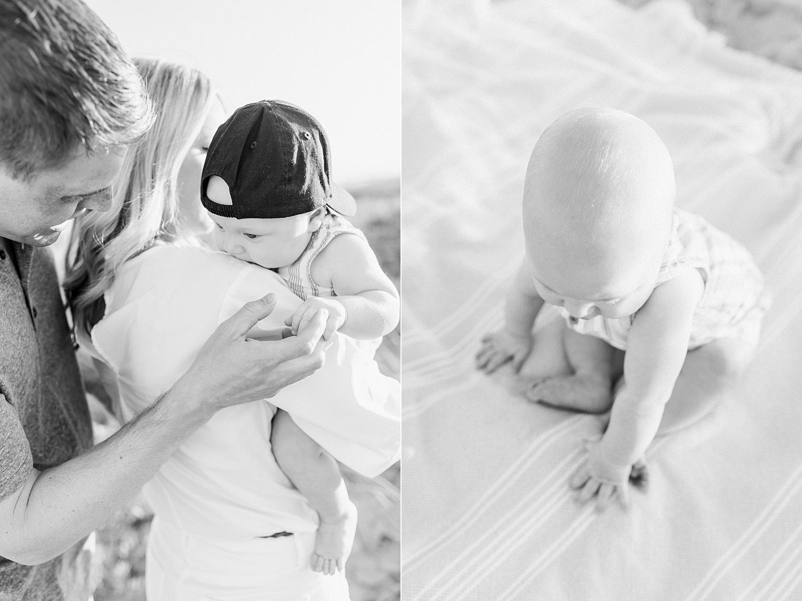 Black and white detail photos of family with baby boy at Isle of Palms near Charleston, SC | Caitlyn Motycka Photography