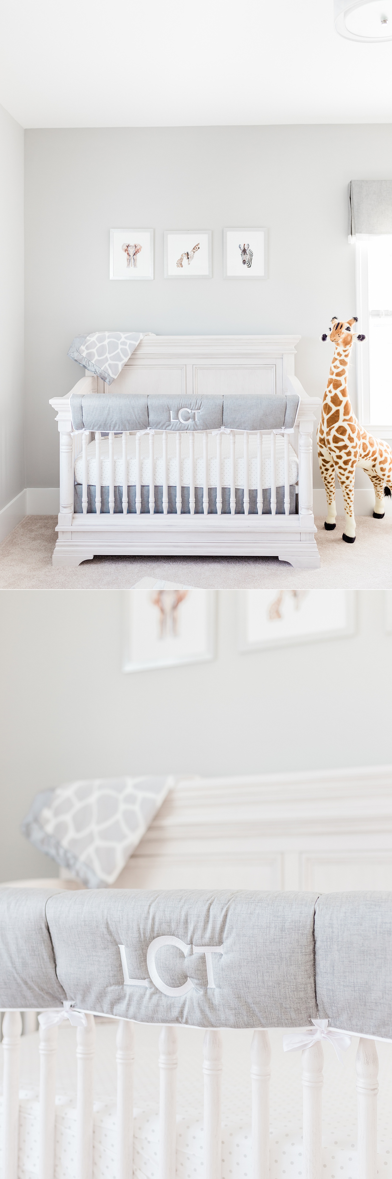 Grey nursery details with monogram during newborn session by Charleston Newborn Photographer, Caitlyn Motycka Photography