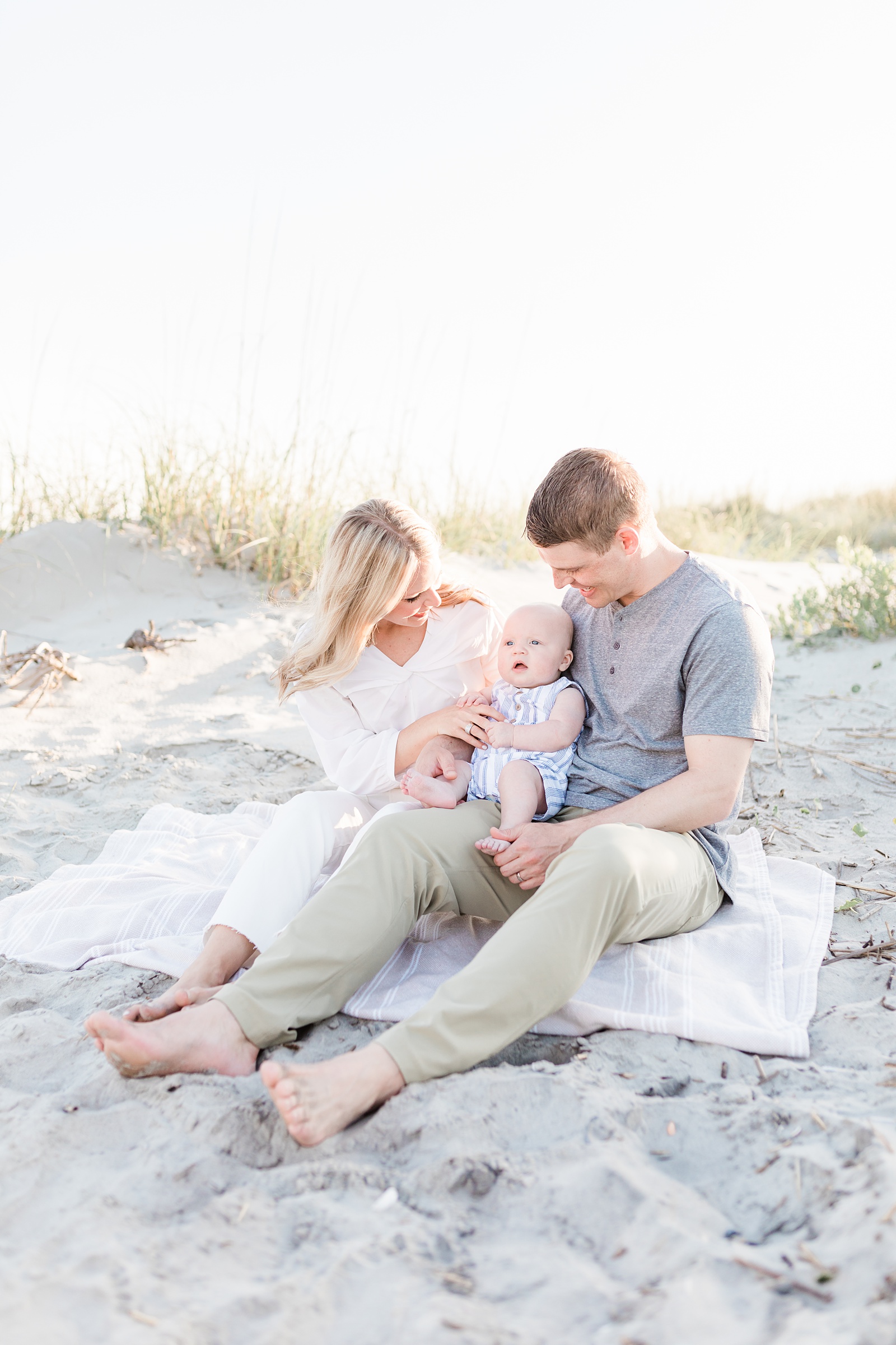 Family on blanket near dunes of Isle of Palms by Charleston Family Photographer, Caitlyn Motycka Photography