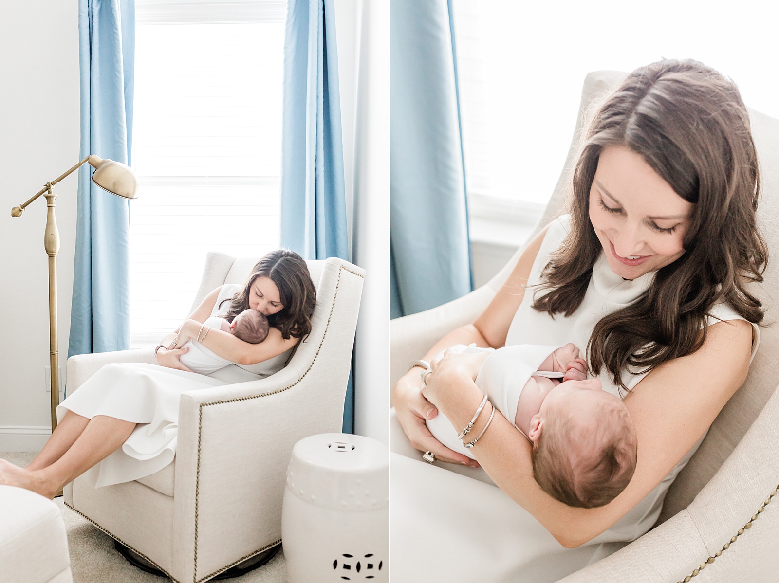 Mom rocking baby in nursery wit blue drapes by Charleston Newborn Photographer, Caitlyn Motycka Photography