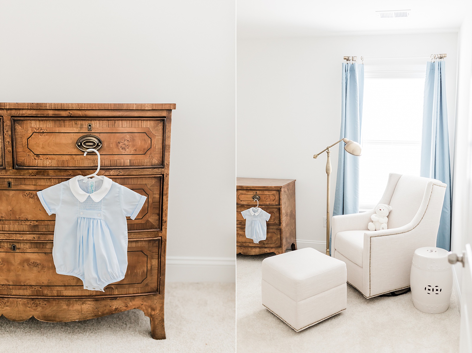 Nursery with blue details and white glider and gold details by Caitlyn Motycka Photography