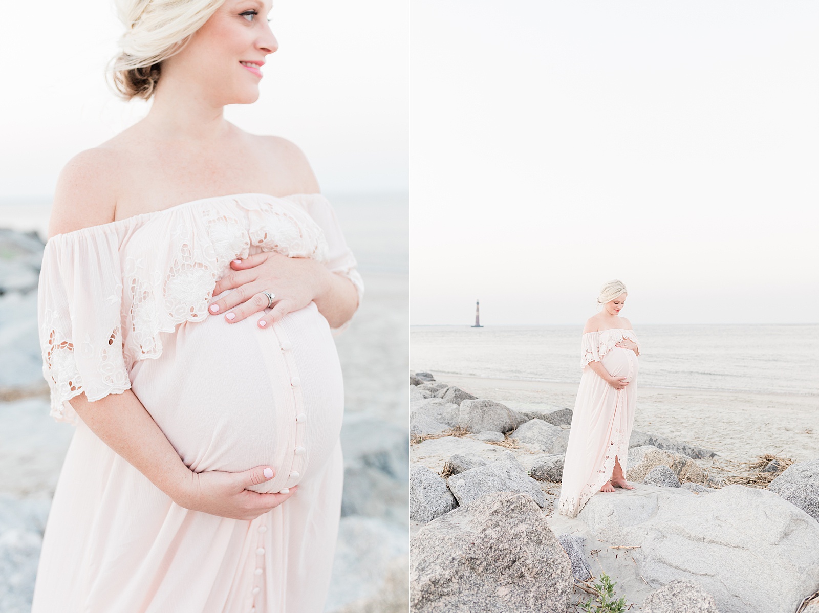 Mom standing on rocks during Folly Beach maternity session by Caitlyn Motycka Photography