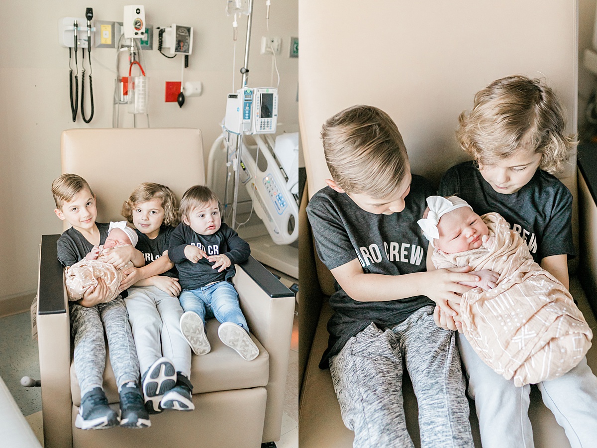 Big brothers with baby sister at Fresh 48 photoshoot | Caitlyn Motycka Photography