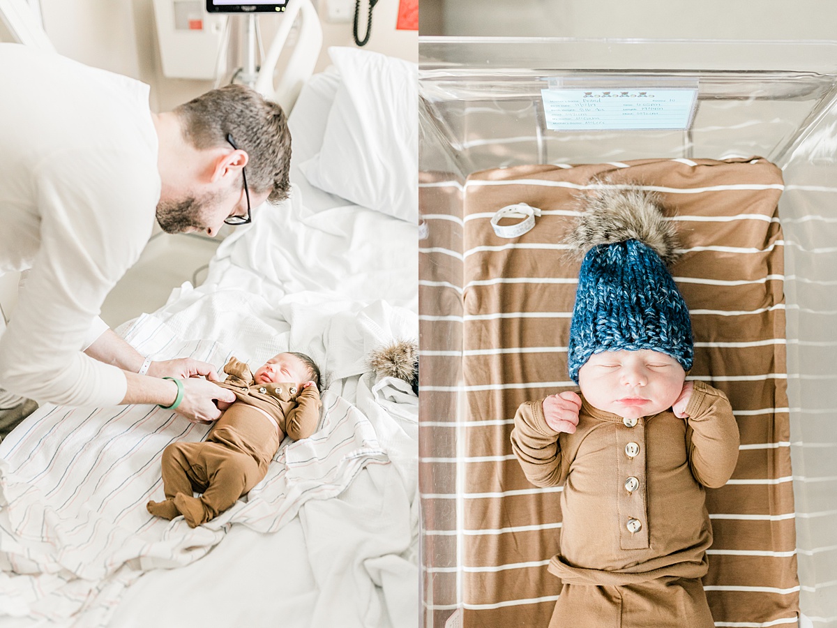 Daddy getting son dressed for hospital newborn photoshoot in Lou Lou & Company outfit | Caitlyn Motycka Photography