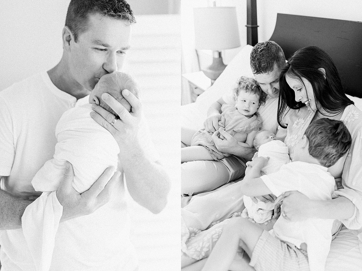Black and white photo of family during newborn session at Daniel Island home. Photographed by Lifestyle Newborn Photographer, Caitlyn Motycka Photography. 