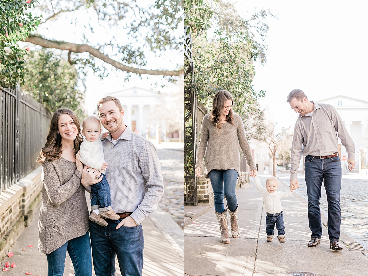 Family walking down Chalmers St in Downtown Charleston for family photos with Caitlyn Motycka Photography.