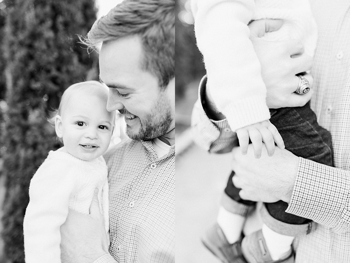 Black and white photos of Father with his son during family photoshoot. Photos by Caitlyn Motycka Photography.