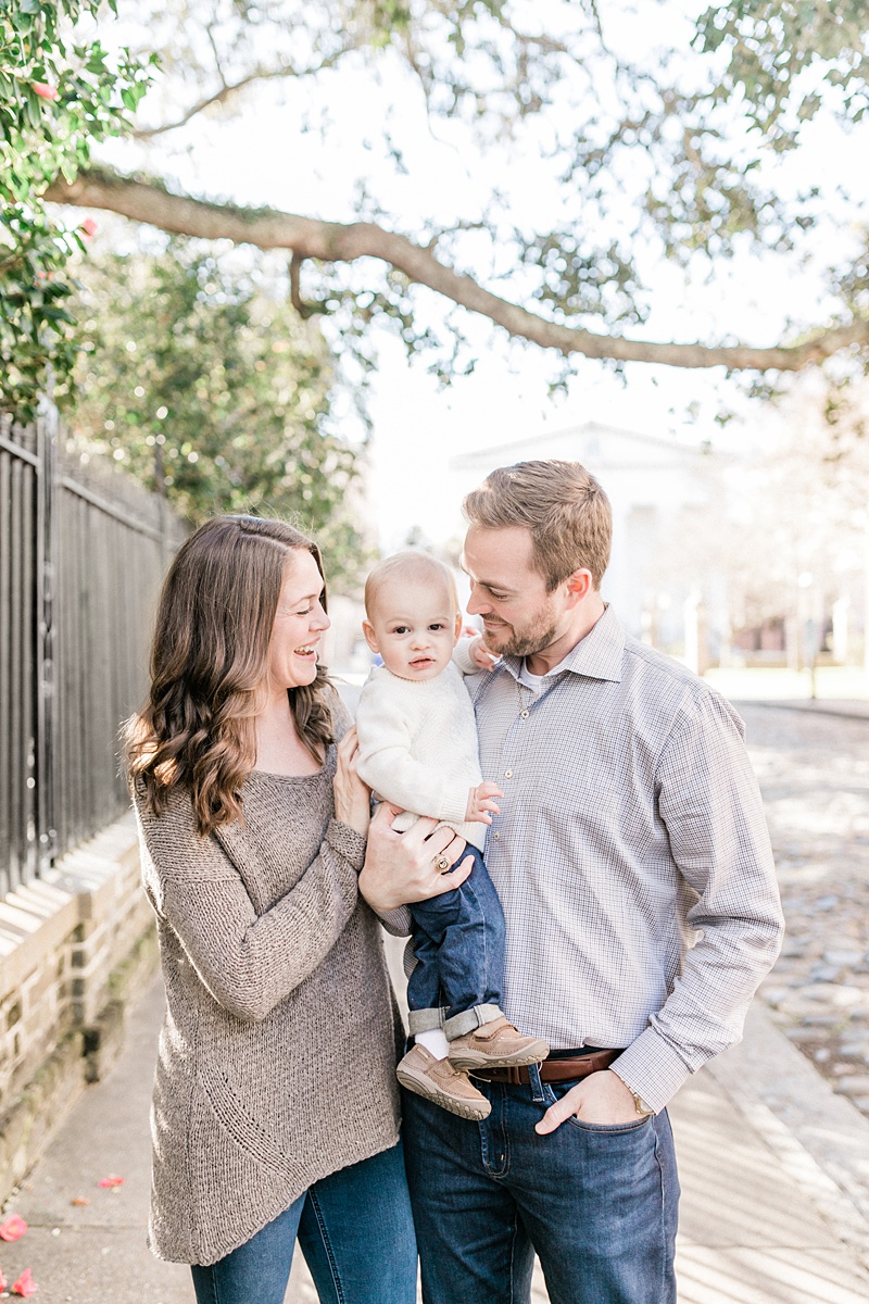 Downtown Charleston family photoshoot to celebrate son turning one. Photos by Caitlyn Motycka Photography.