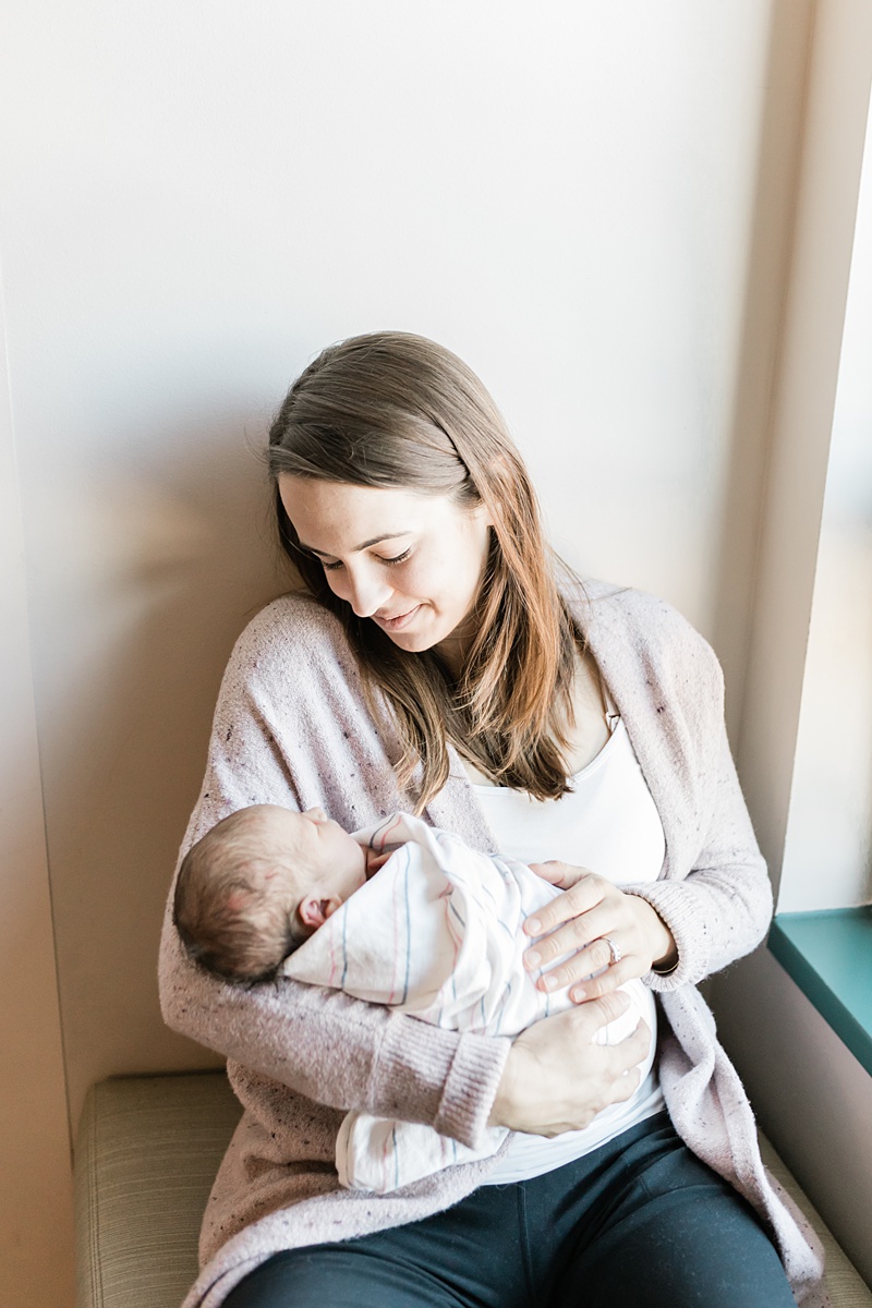 Mama and her baby boy at cozy fresh 48 hospital session with Charleston Newborn Photographer, Caitlyn Motycka Photography