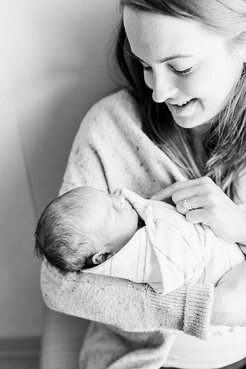 Black and white cozy fresh 48 hospital session with Charleston Newborn Photographer, Caitlyn Motycka Photography