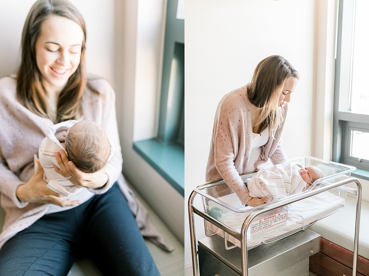 Mama and her baby boy at cozy fresh 48 hospital session with Charleston Newborn Photographer, Caitlyn Motycka Photography.