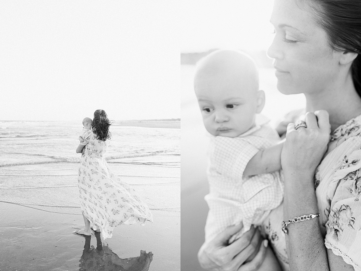black and white motherhood photos on the beach by Charleston Film Photographer, Caitlyn Motycka Photography. 