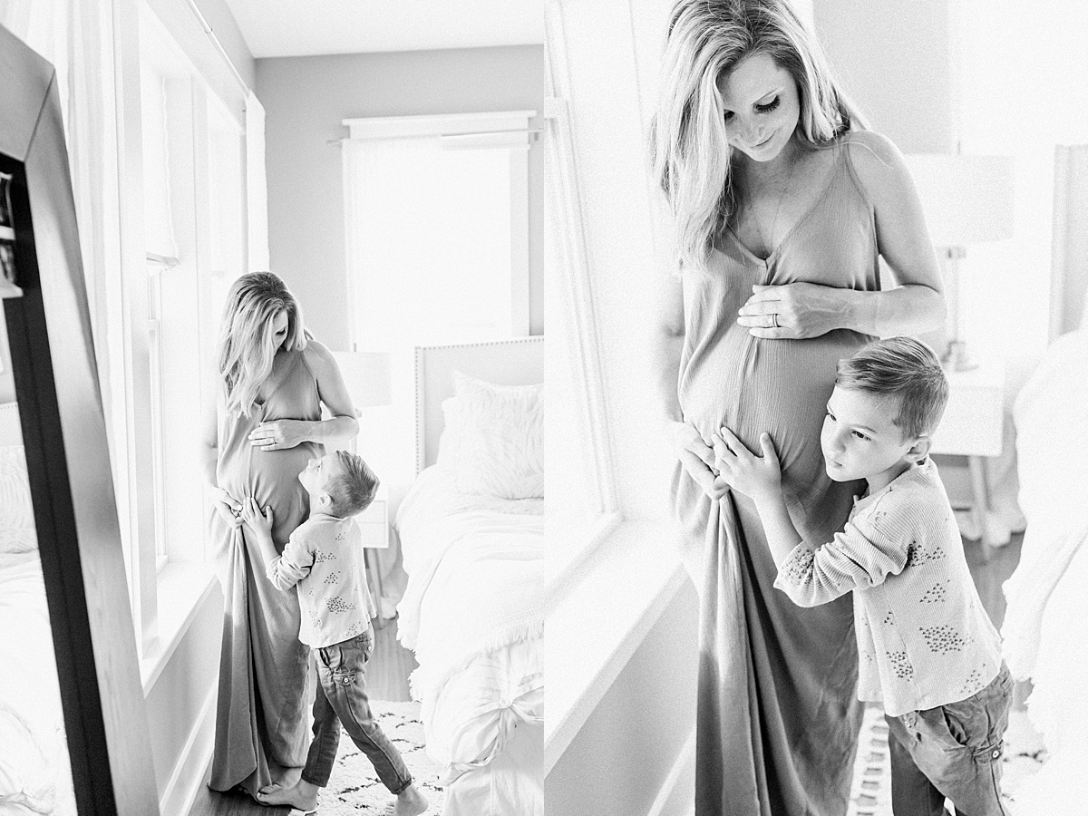 Black and white images of in-home lifestyle maternity session by Caitlyn Motycka Photography