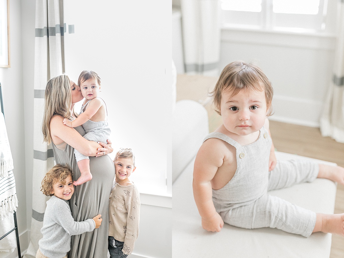 Mom with three boys during in-home maternity session in neutral home by Mount Pleasant Maternity Photographer, Caitlyn Motycka Photography