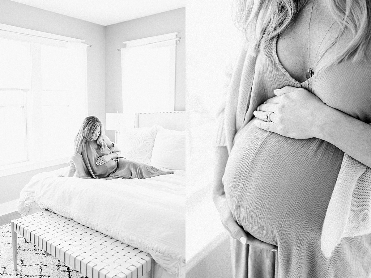 Black and white images of mom in cozy in-home maternity session by Charleston Maternity Photographer, Caitlyn Motycka Photography