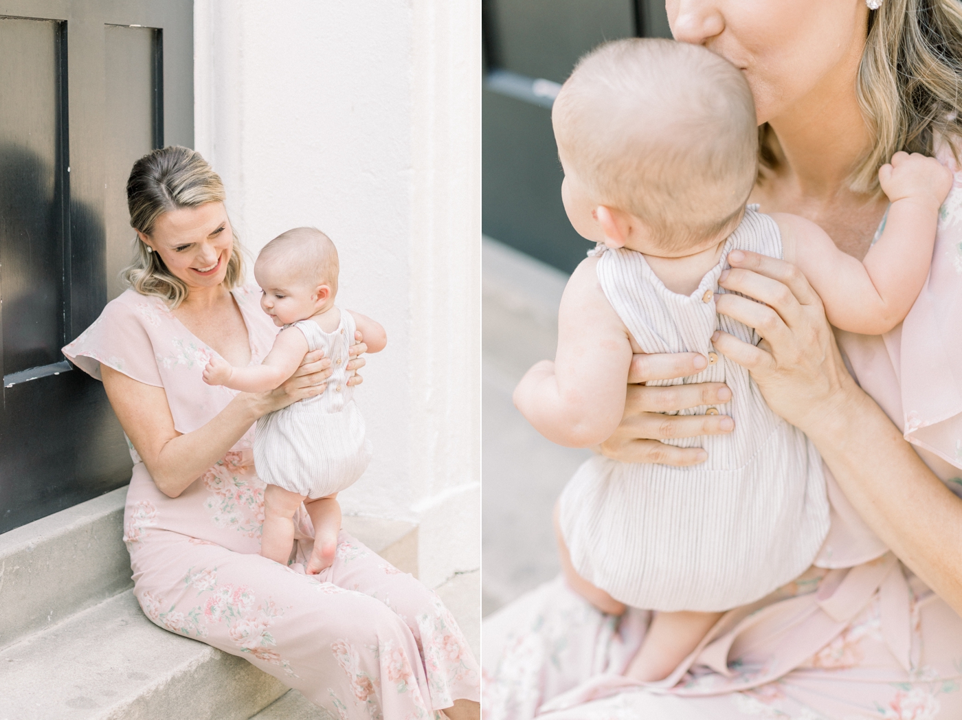 Mom with baby cuddling on steps in Charleston, SC. Photo by Caitlyn Motycka Photography.
