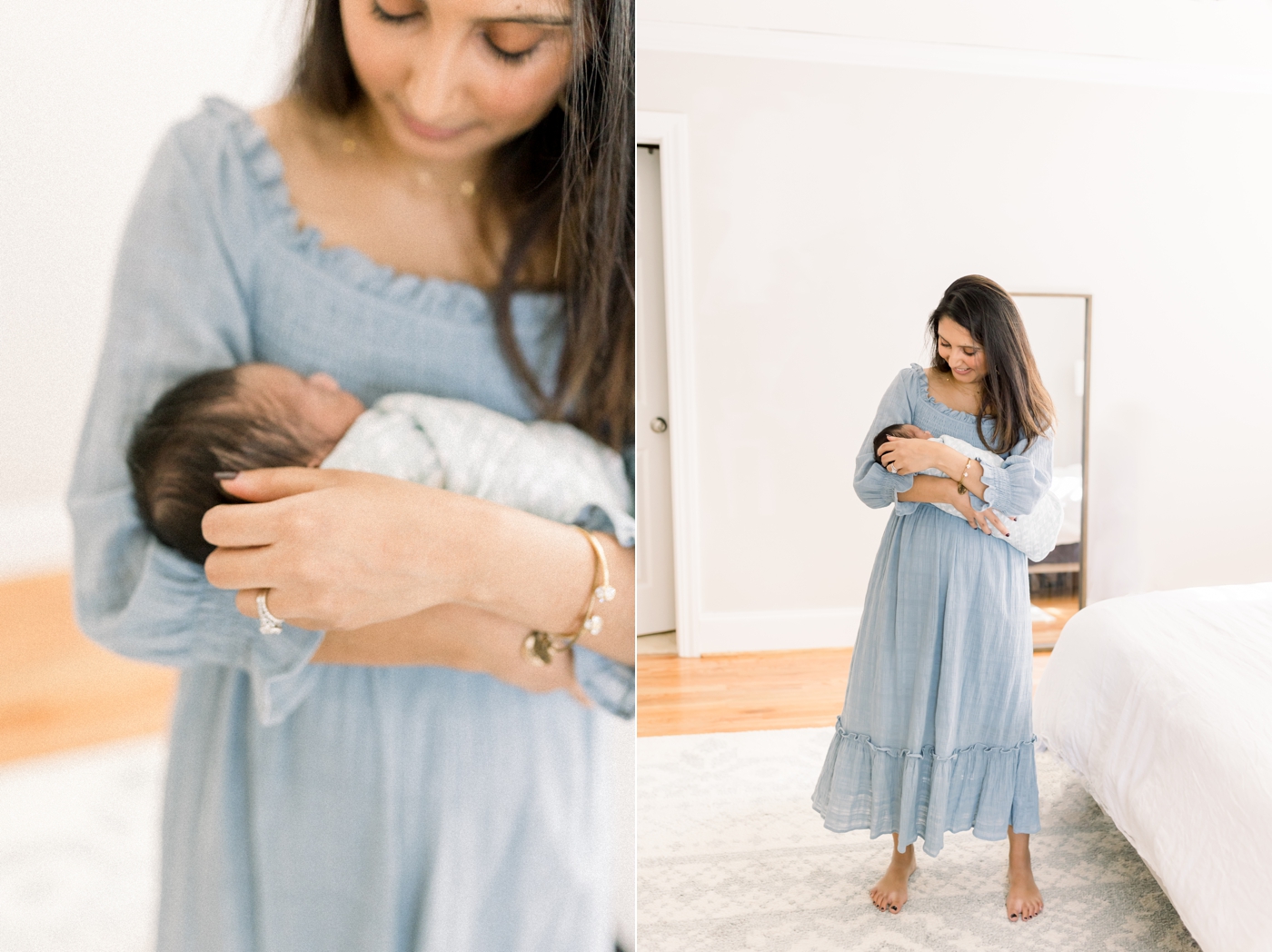 In-home lifestyle newborn session. Mom is wearing a blue dress and looking at her baby boy. Photo by Caitlyn Motycka Photography.
