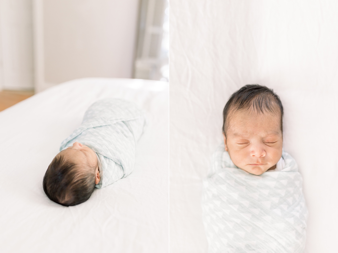 Newborn baby boy swaddled, laying on bed for in-home newborn photoshoot in Charleston, SC. Photo by Caitlyn Motycka Photography.