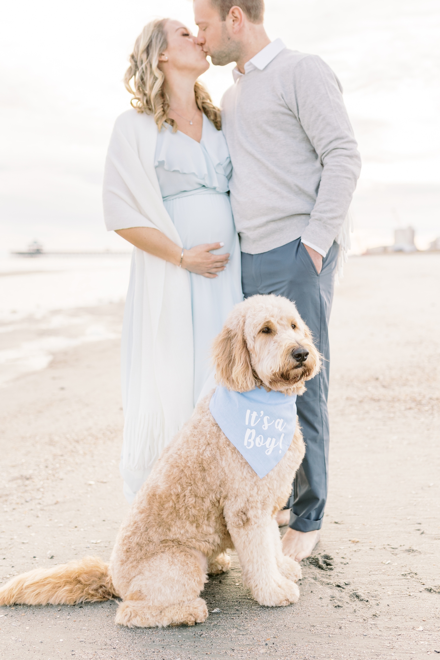 Gender reveal with dog on the beach. Photo by Caitlyn Motycka Photography.