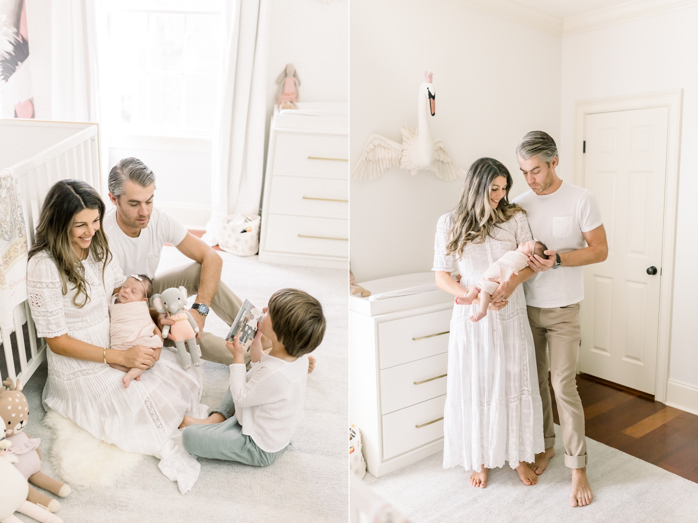 Family photos in beautiful white nursery. Photos by Caitlyn Motycka Photography.