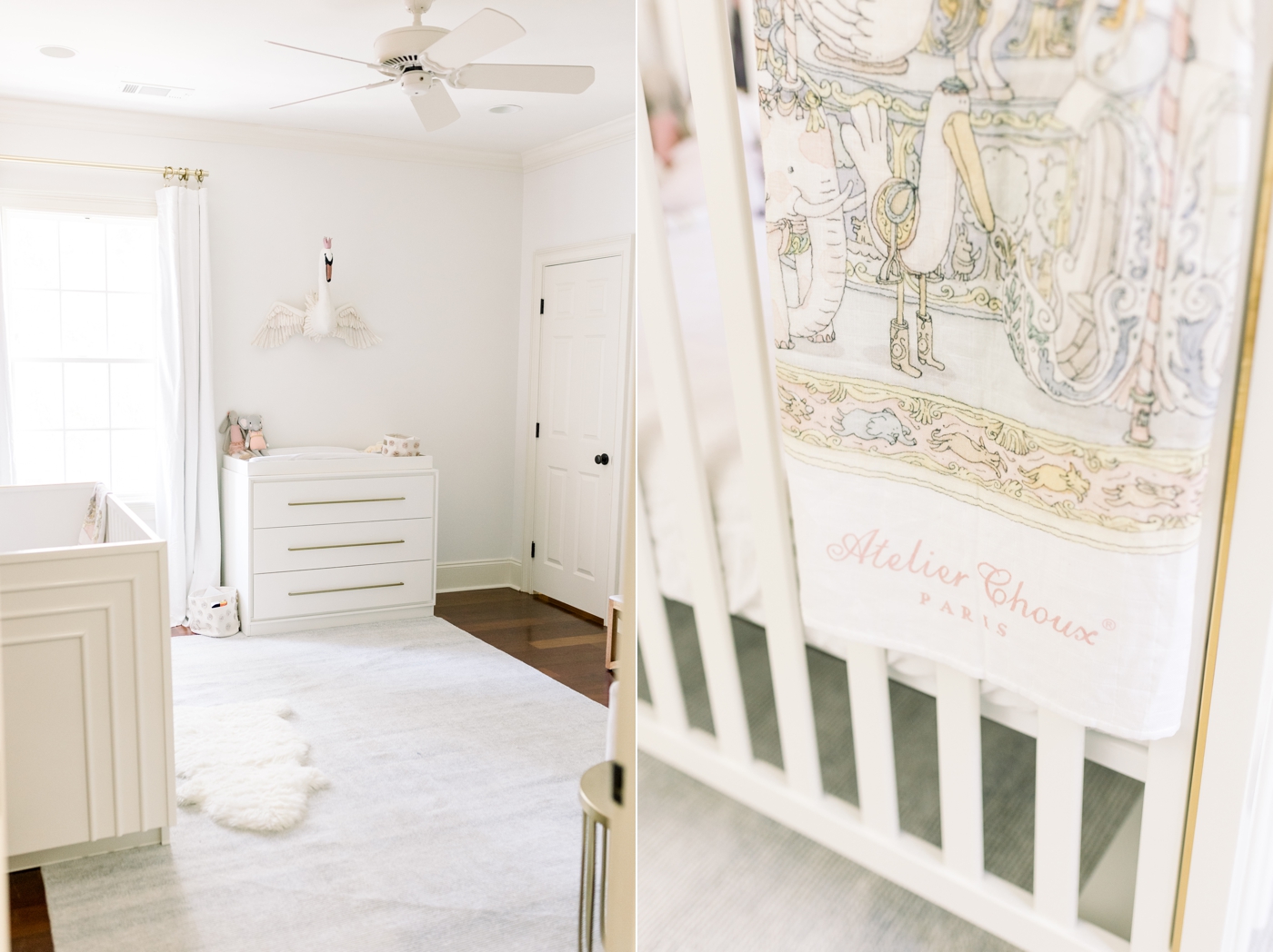 White nursery for baby with light pink accents. Photos by Caitlyn Motycka Photography.