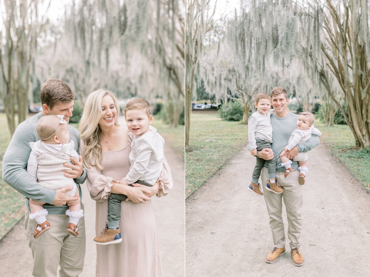Sweet family wearing blush, white and green tones during family session at a Charleston park. Photos by Caitlyn Motycka Photography.