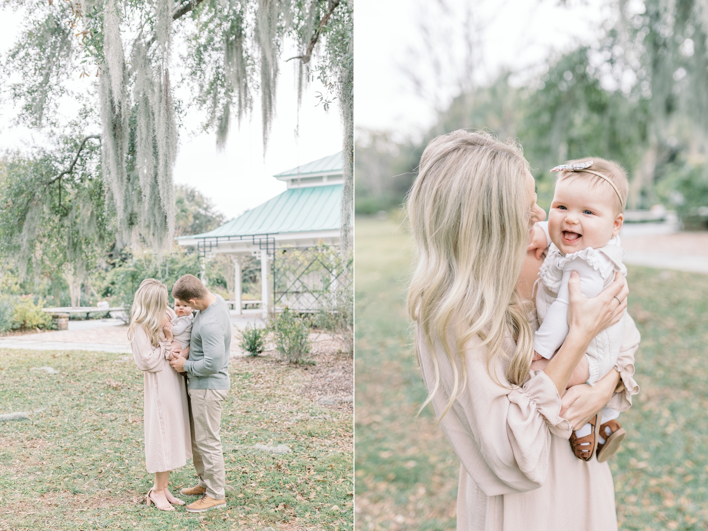 Sweet family portraits standing under the Spanish moss in Charleston SC. Photo by Caitlyn Motycka Photography.