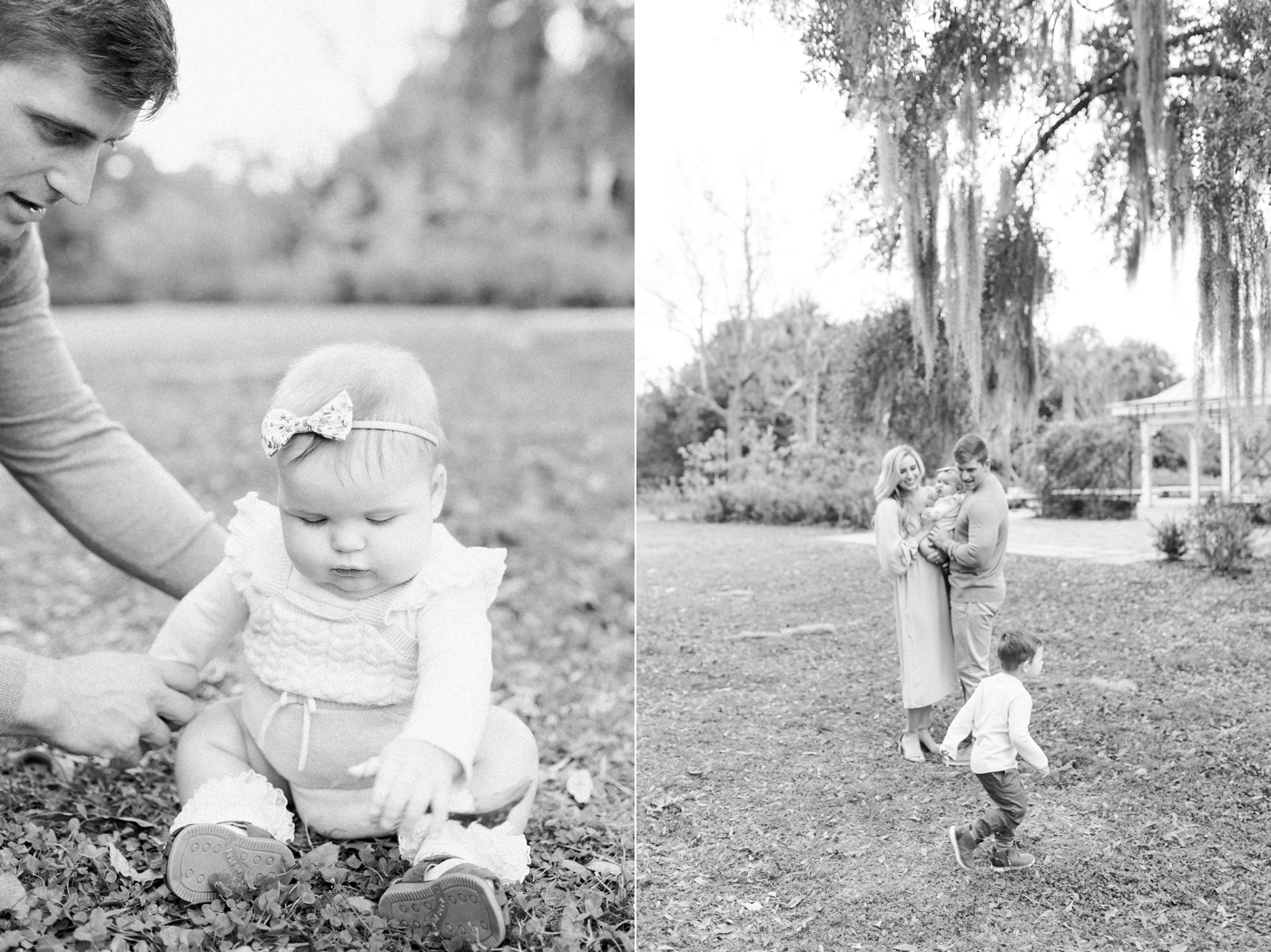 Black and white candid images of family at Hampton Park in Charleston SC. Photo by Caitlyn Motycka Photography.