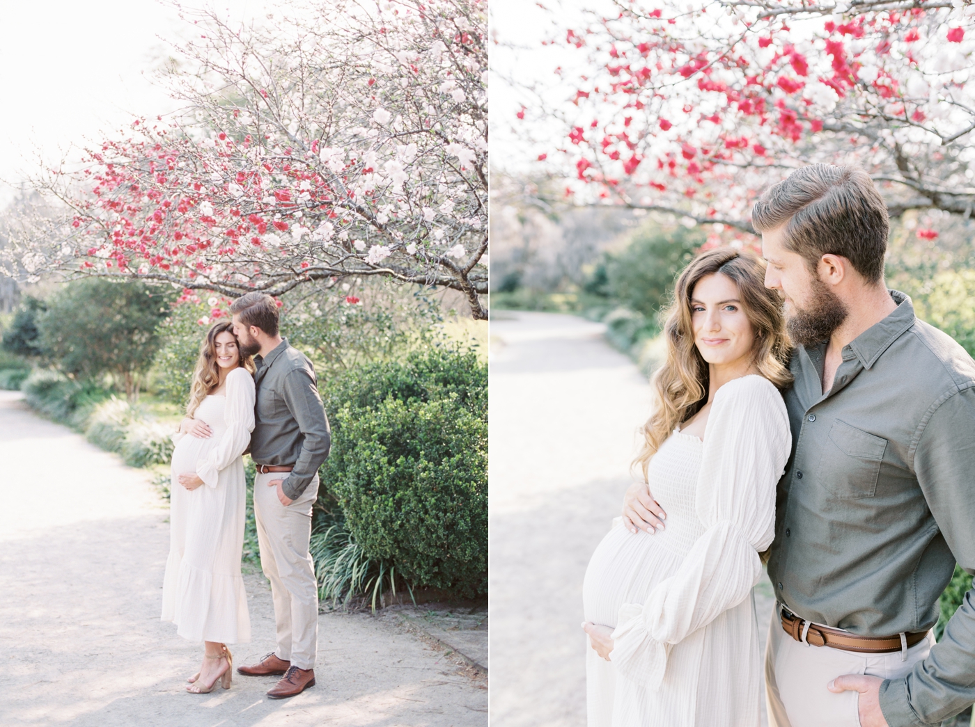 Dad kissing Mom in park maternity session on 35mm film. Photos by Caitlyn Motycka Photography.