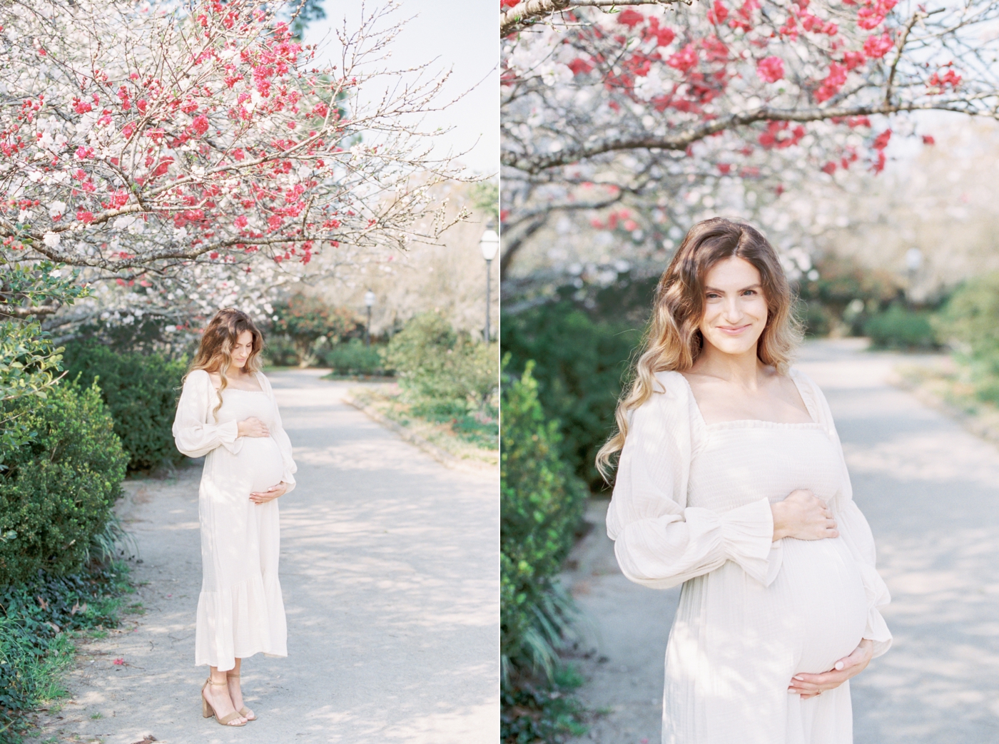 Happy expecting Mama posing under pink leaves in Charleston park. Photo by Caitlyn Motycka Photography.