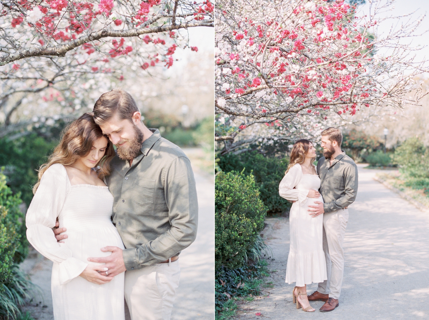 Maternity portraits in Hampton Park under flowering trees on fuji400h film by Caitlyn Motycka Photography.