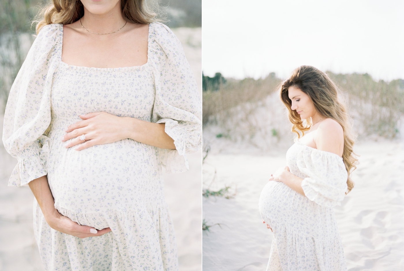 New mother in floral print dress on the beach | Photo by Caitlyn Motycka Photography.