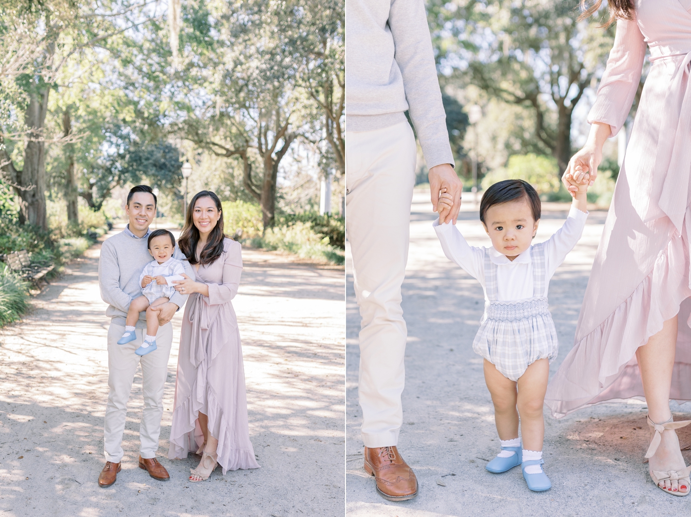 Mom and dad holding toddlers hands in Hampton Park during mini session | Photo by Caitlyn Motycka Photography
