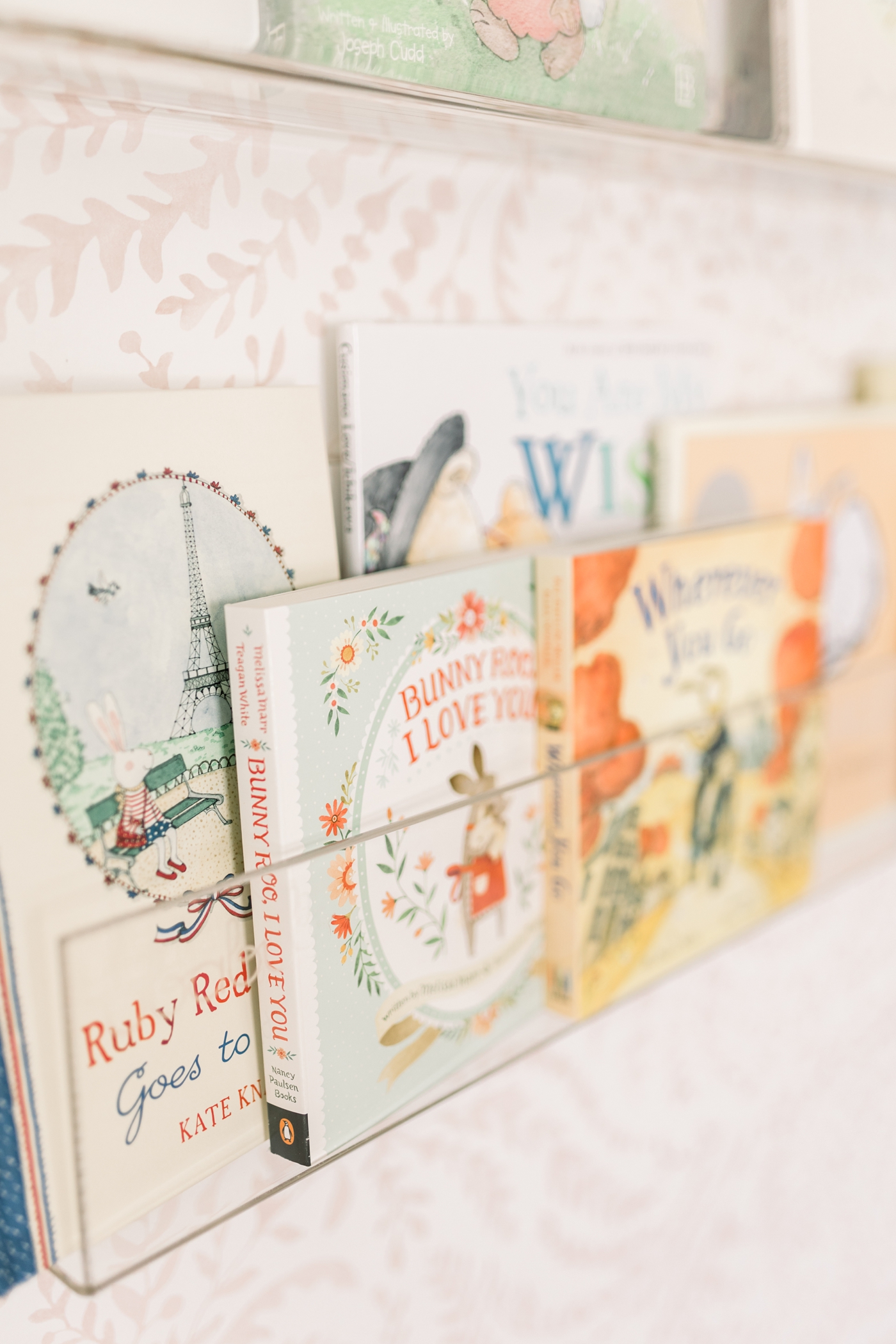 Books on an acrylic bookshelf in a nursery | Photo by Caitlyn Motycka Photography.