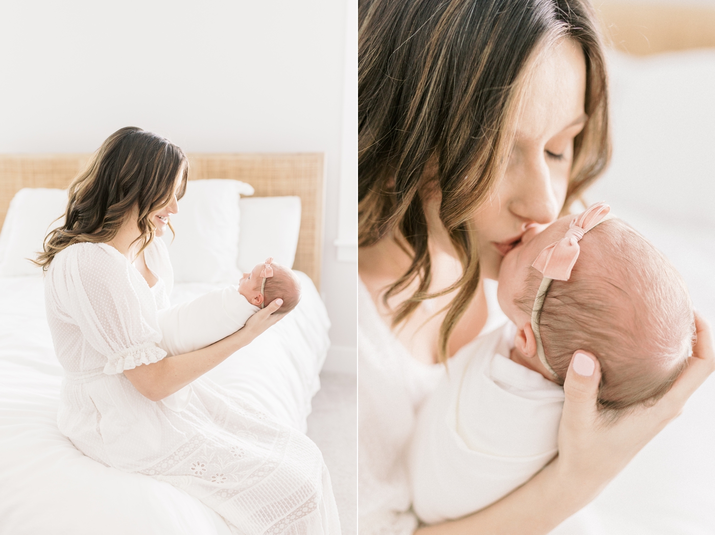 Mom sitting on her bed holding her newborn baby | Photo by Caitlyn Motycka Photography.