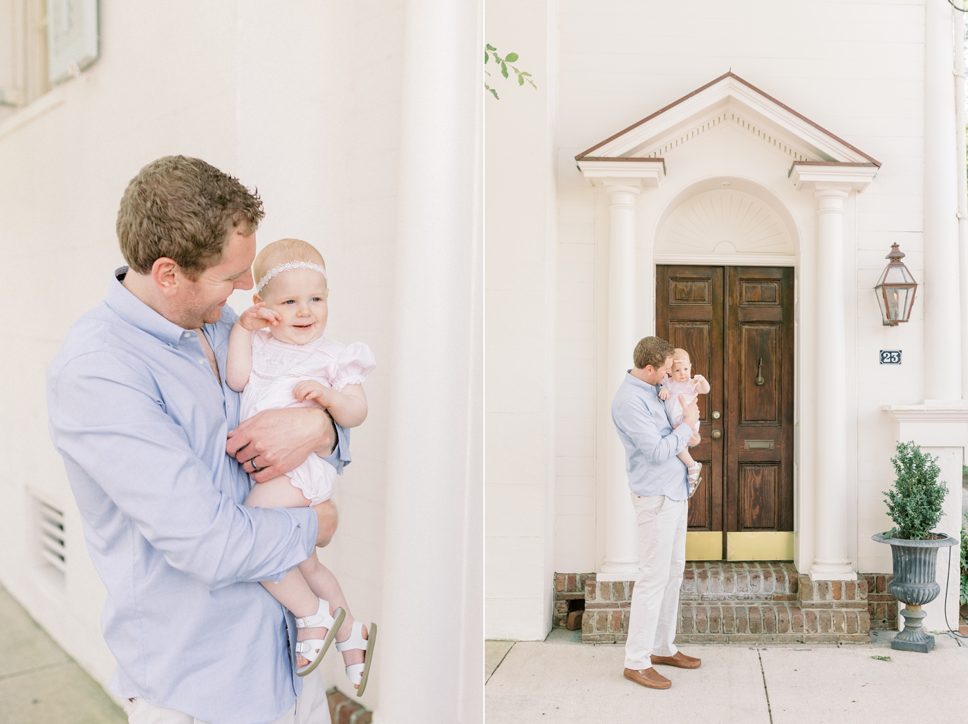 Dad holding baby girl in pink bubble downtown Charleston | Photo by Caitlyn Motycka Photography.