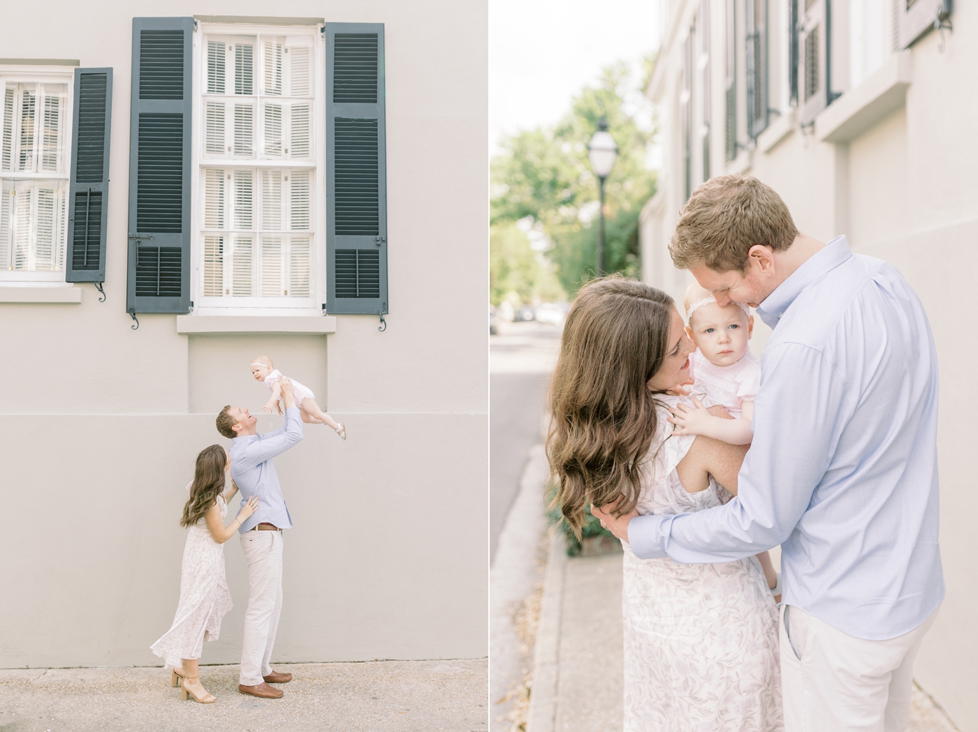 Dad mom and baby snuggling together in front of shuttered window downtown during her 18month session| Photo by Caitlyn Motycka Photography.