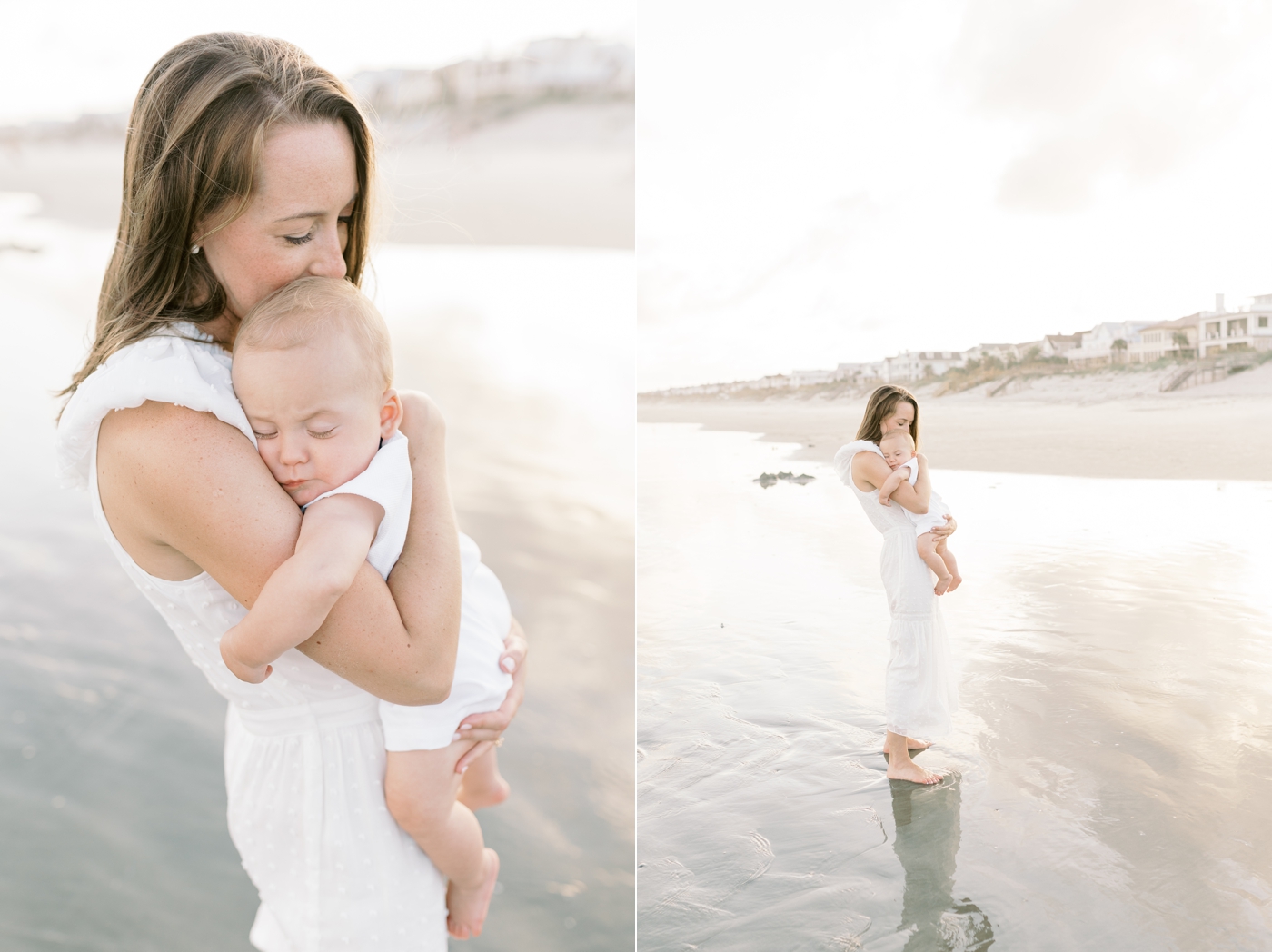 Mom holding her baby boy at the beach during their isle of palms beach session | Photo by Caitlyn Motycka Photography.