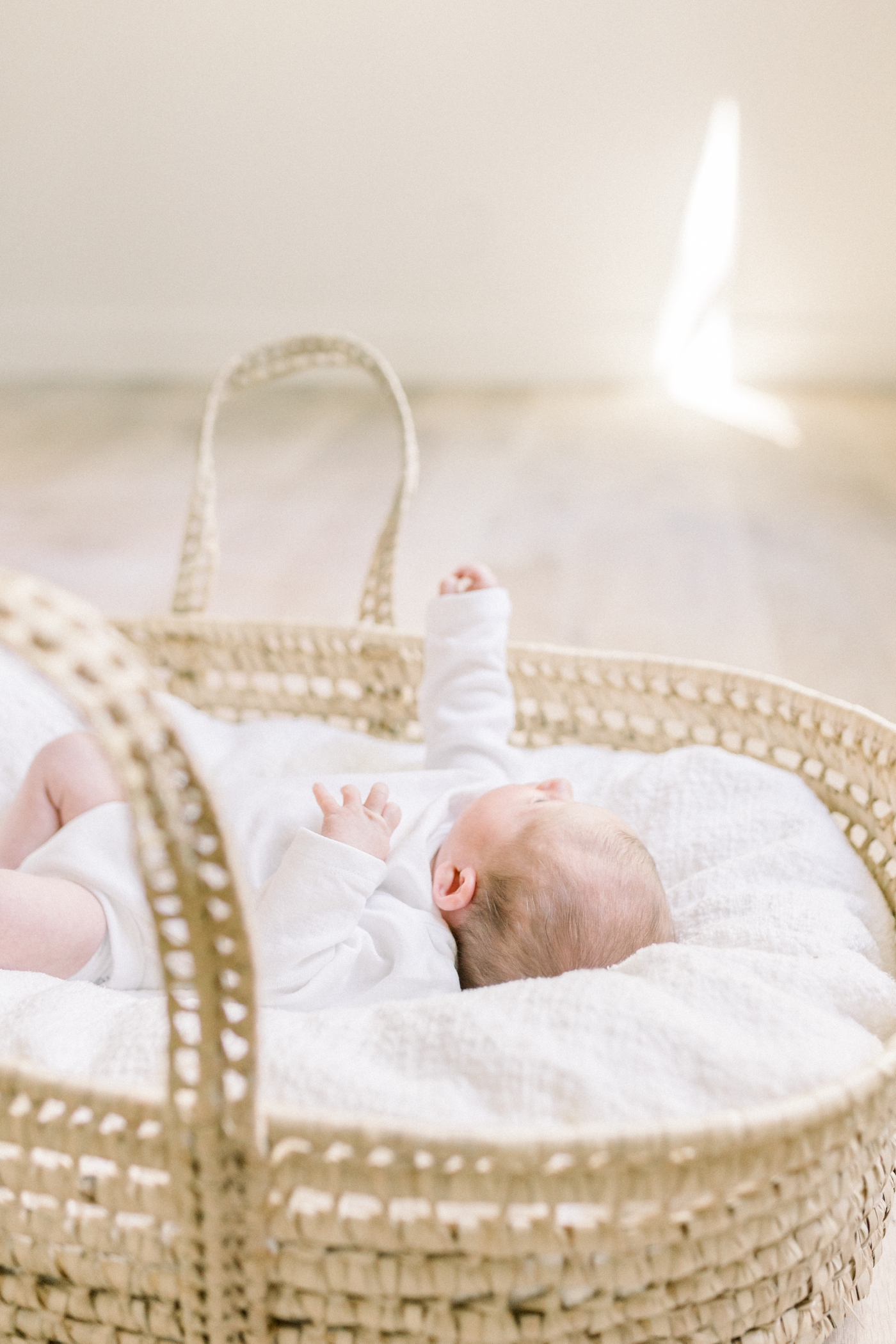Baby in white laying in a Moses basket during newborn photos in Mount Pleasant | Photo by Caitlyn Motycka Photography.
