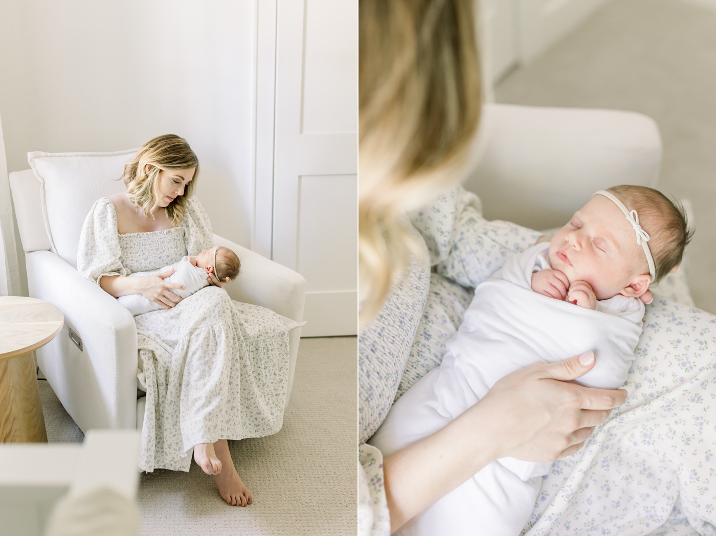 Mom sitting in a glider holding her new baby girl | Photo by Caitlyn Motycka Photography.