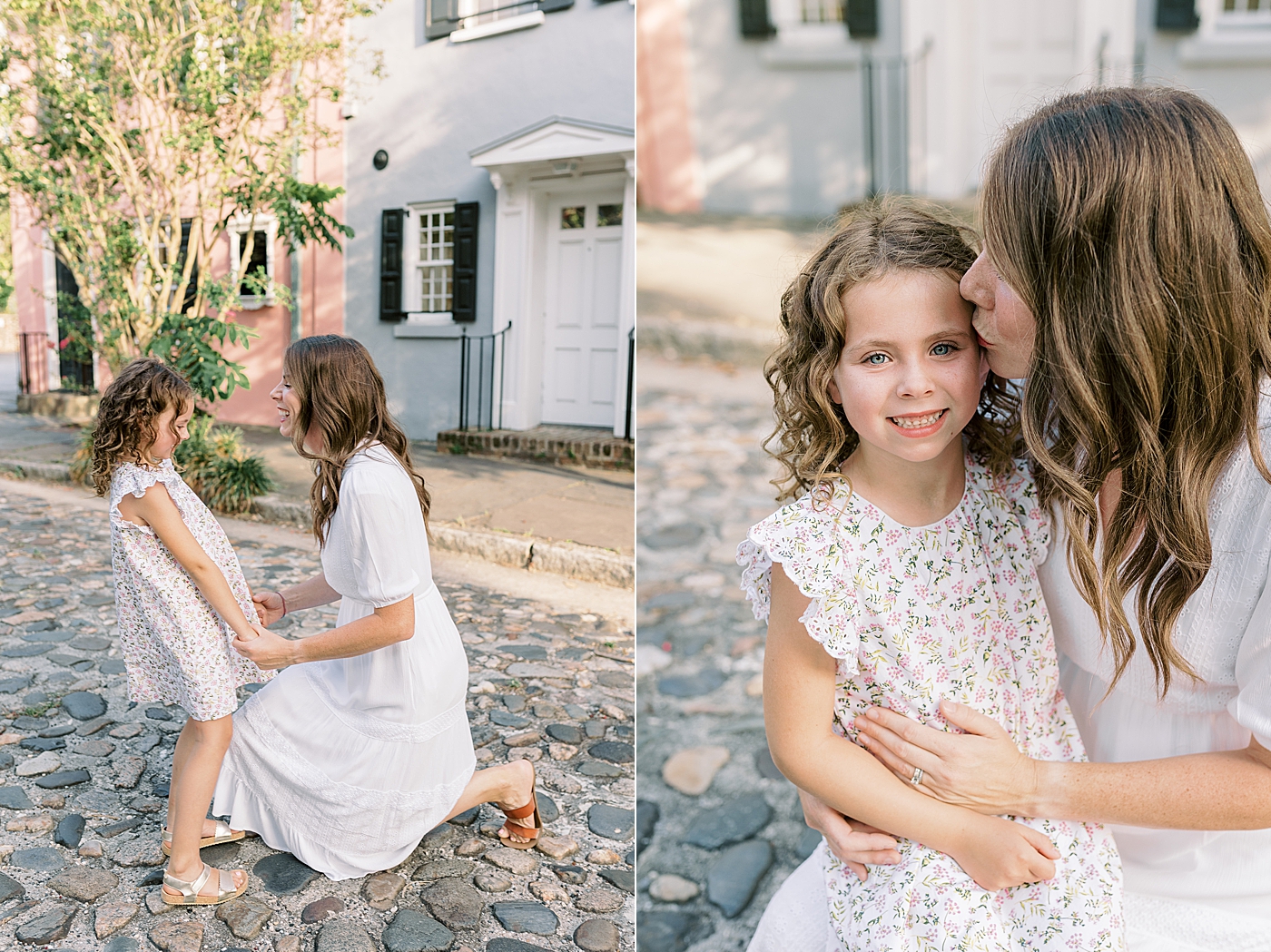 Mom and daughter laughing together in downtown Charleston | Photo by Caitlyn Motycka Photography