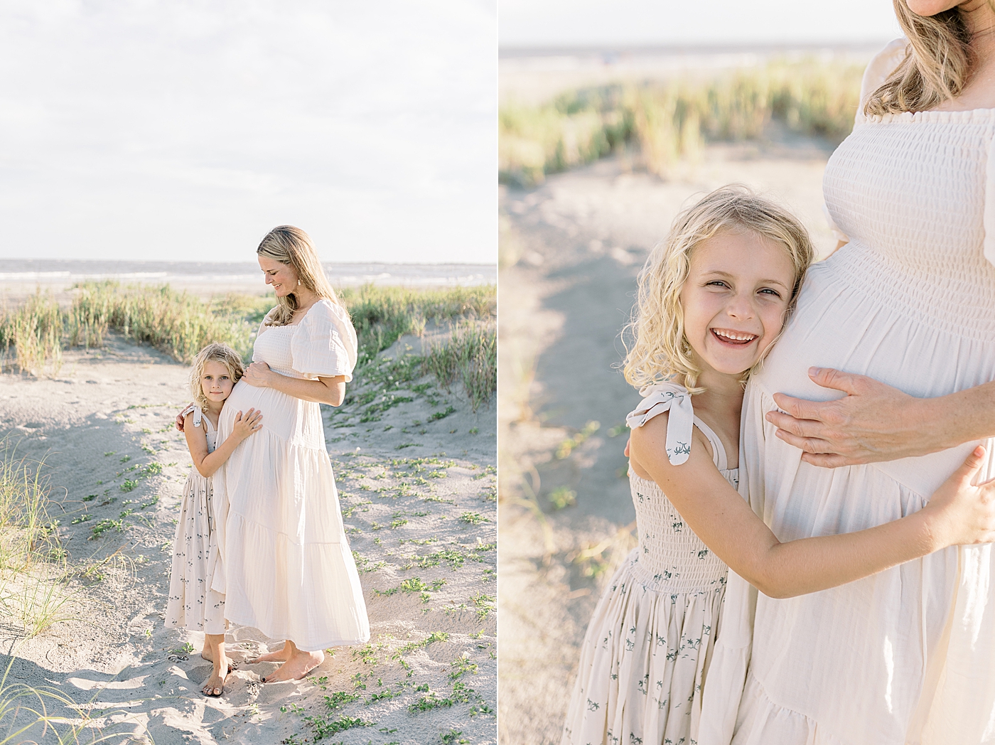 Little girl interacting with her mom at the beach during maternity session | Image by Caitlyn Motycka