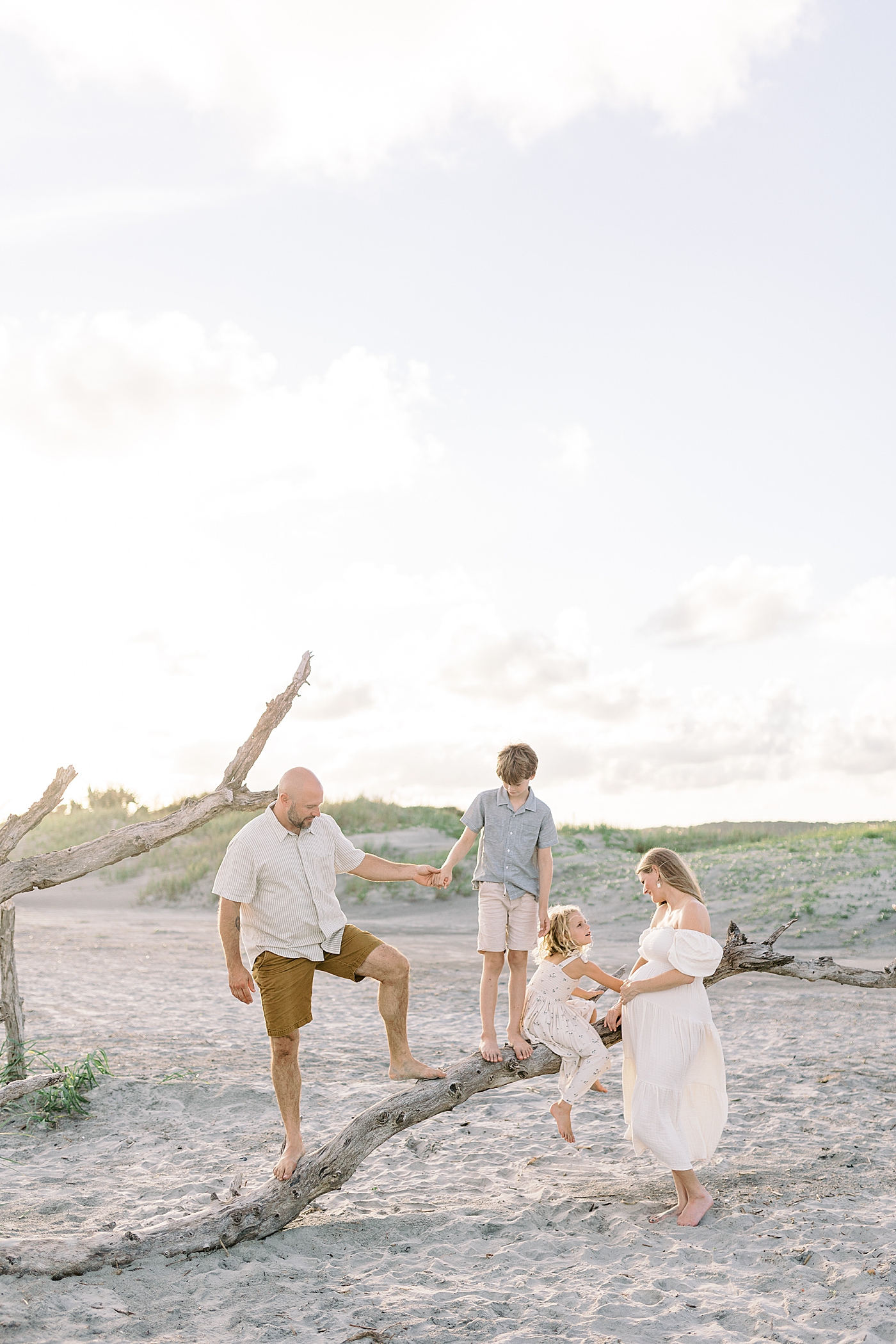 Family of four sitting on a tree during their Maternity Session at Folly Beach | Image by Caitlyn Motycka