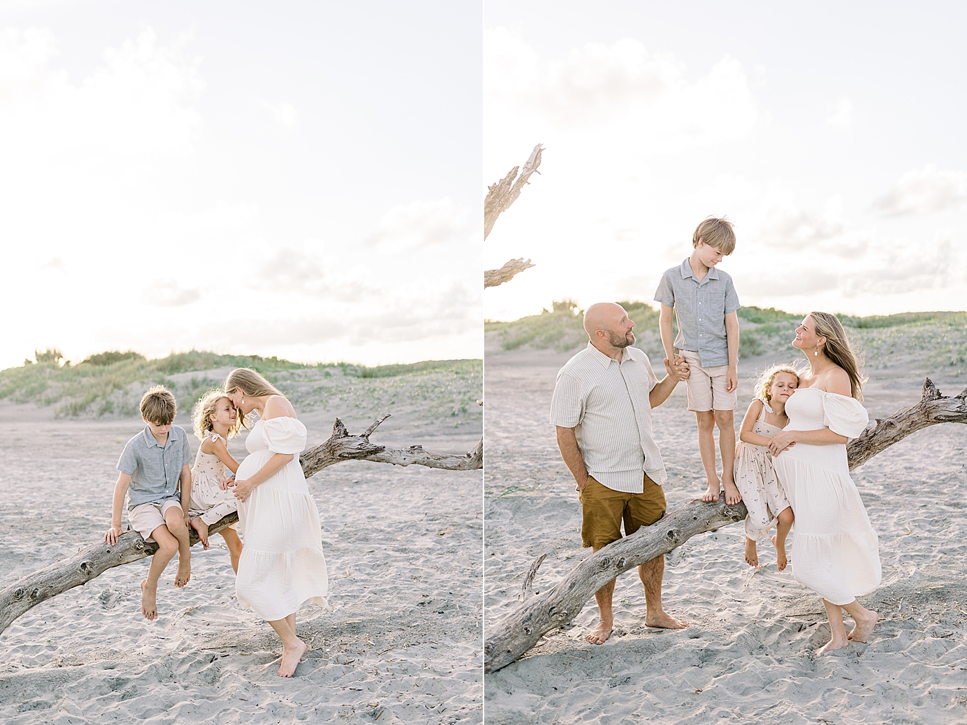 Family of four interacting on a fallen tree at Folly beach | Image by Caitlyn Motycka