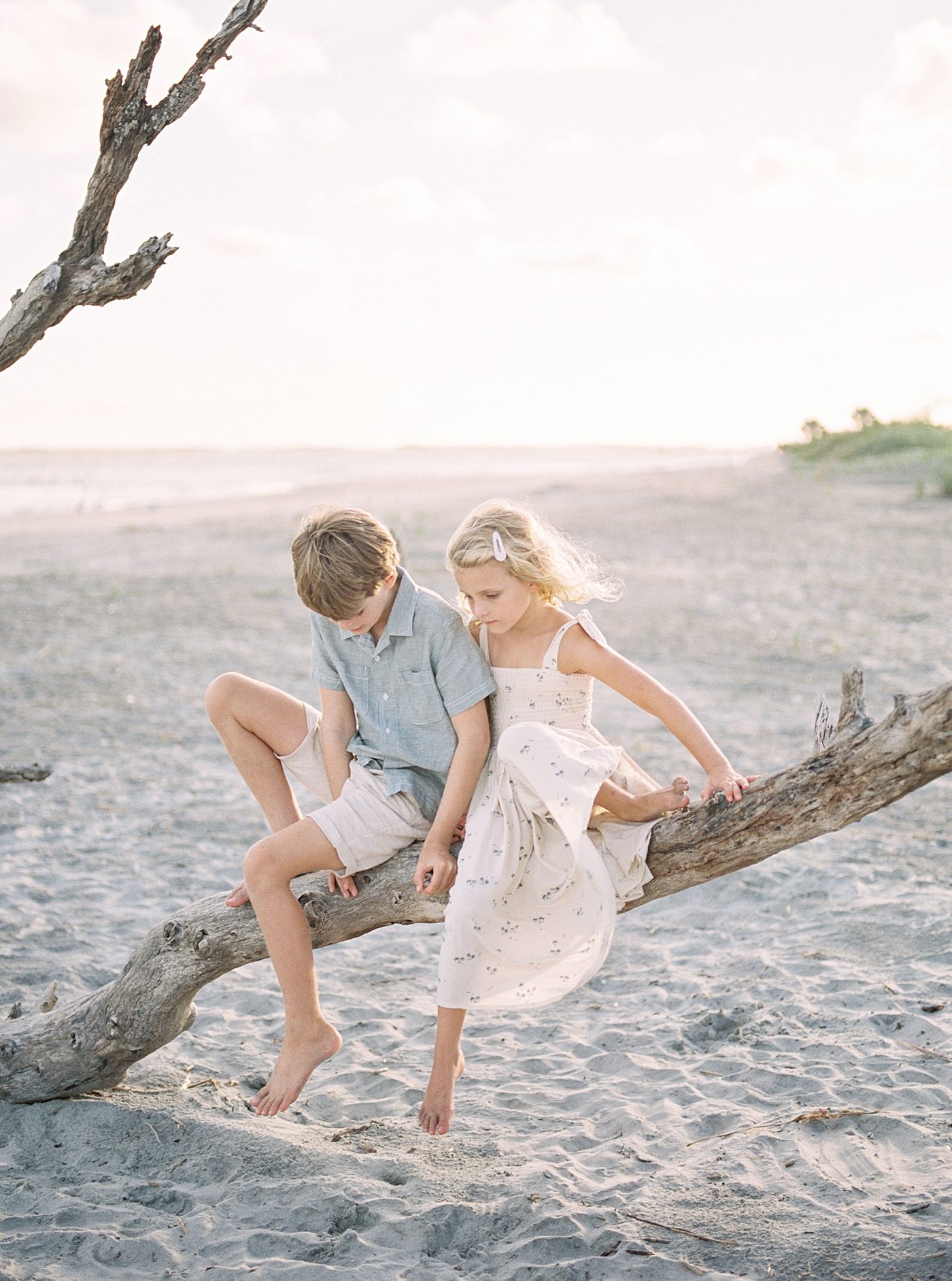 Brother and sister sitting on a fallen tree on the beach | Image by Caitlyn Motycka