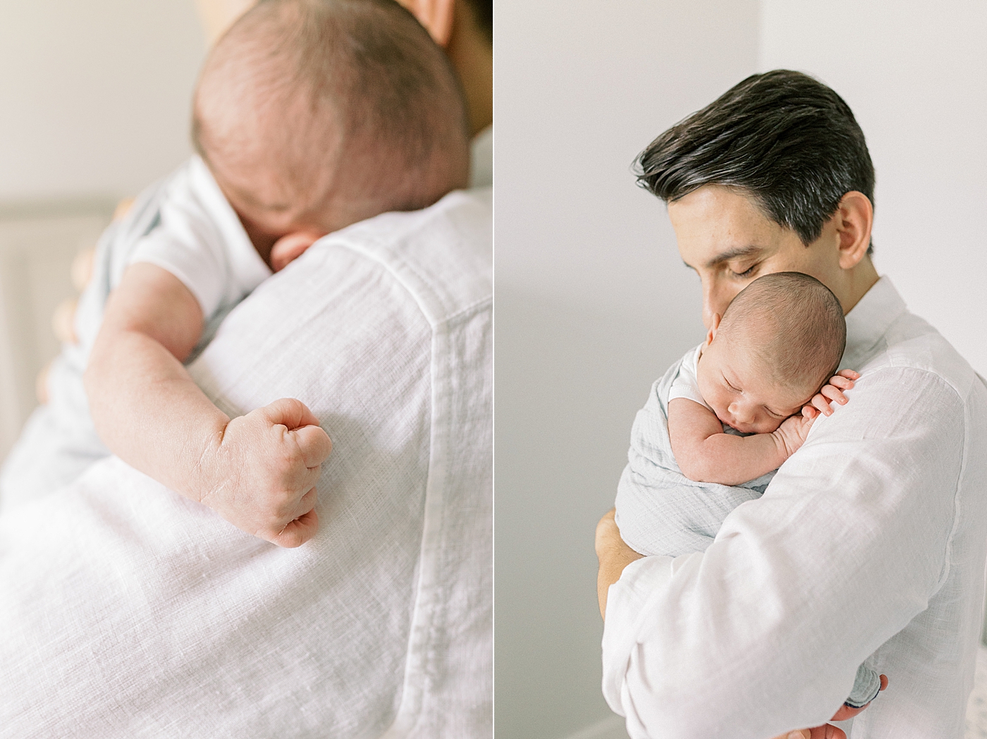 Details of baby on dad's shoulder during lifestyle newborn photos | Image by Caitlyn Motycka