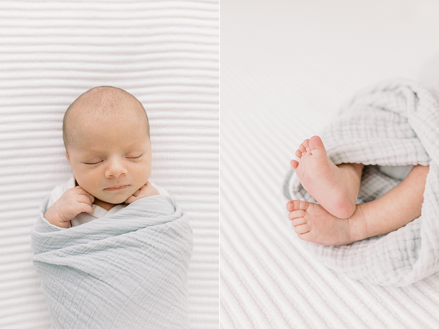 Sleeping baby wrapped in a gray swaddle during lifestyle newborn photos | Image by Caitlyn Motycka