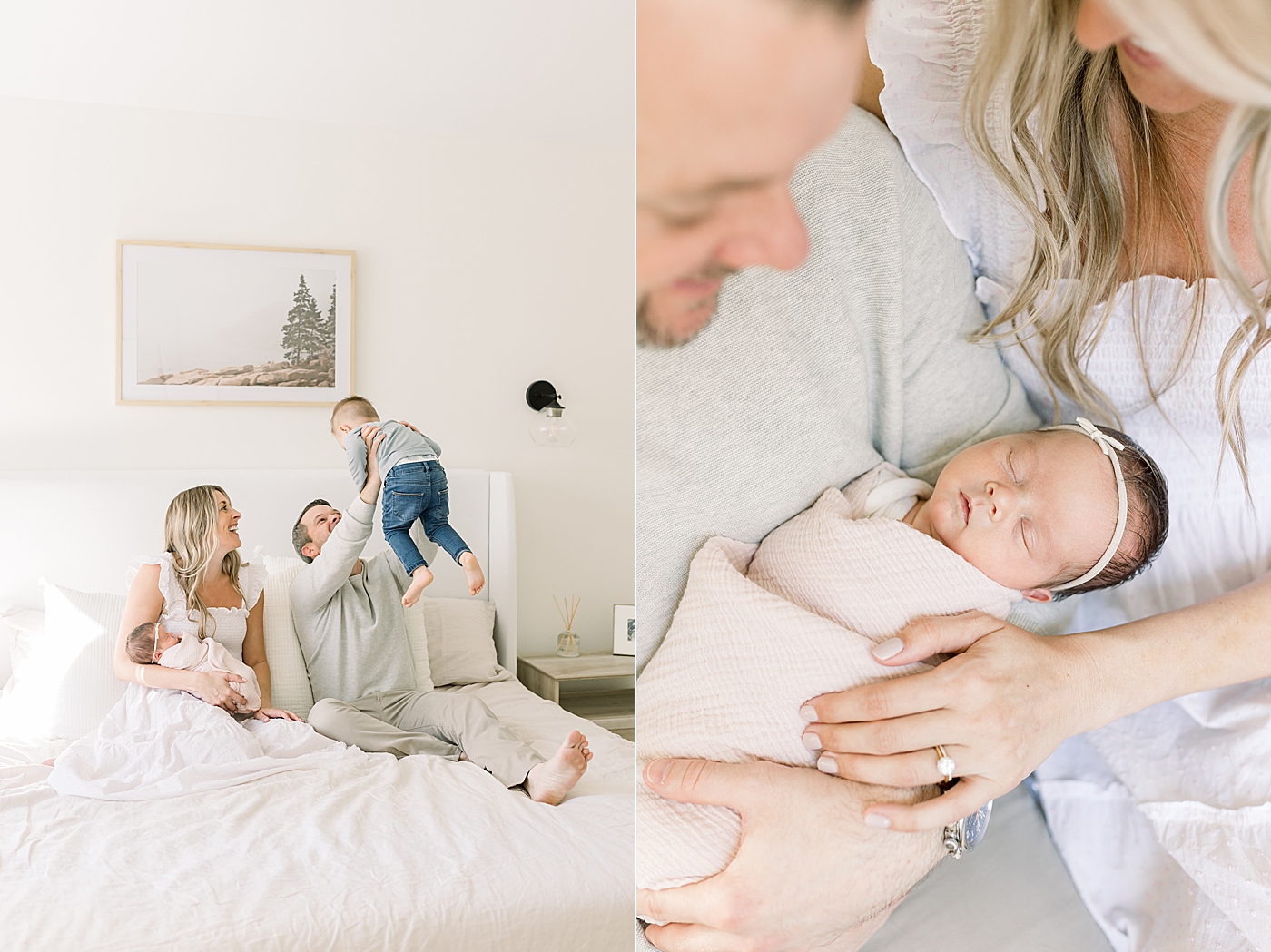 Mom, dad, toddler sitting with their newborn baby on a bed | Newborn Photos with Toddler with Caitlyn Motycka Photography