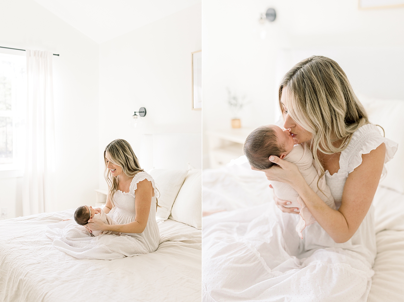 Mom sitting on her white bed with her newborn baby girl | Image by Caitlyn Motycka