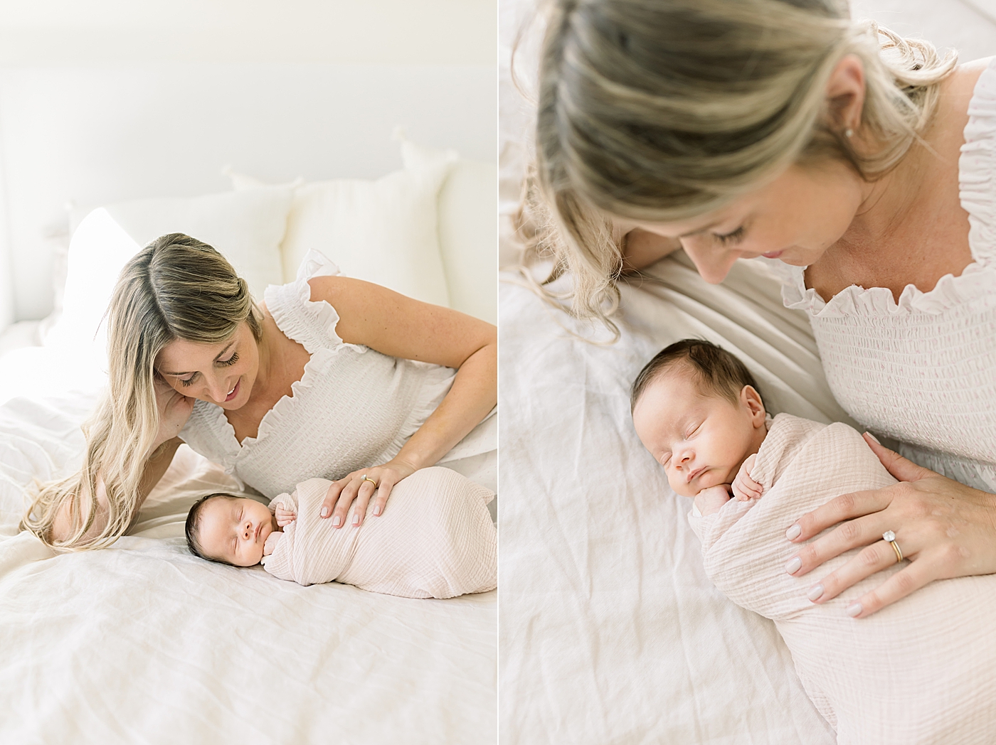 Mom in a white dress laying on her bed admiring her newborn baby girl | Image by Caitlyn Motycka
